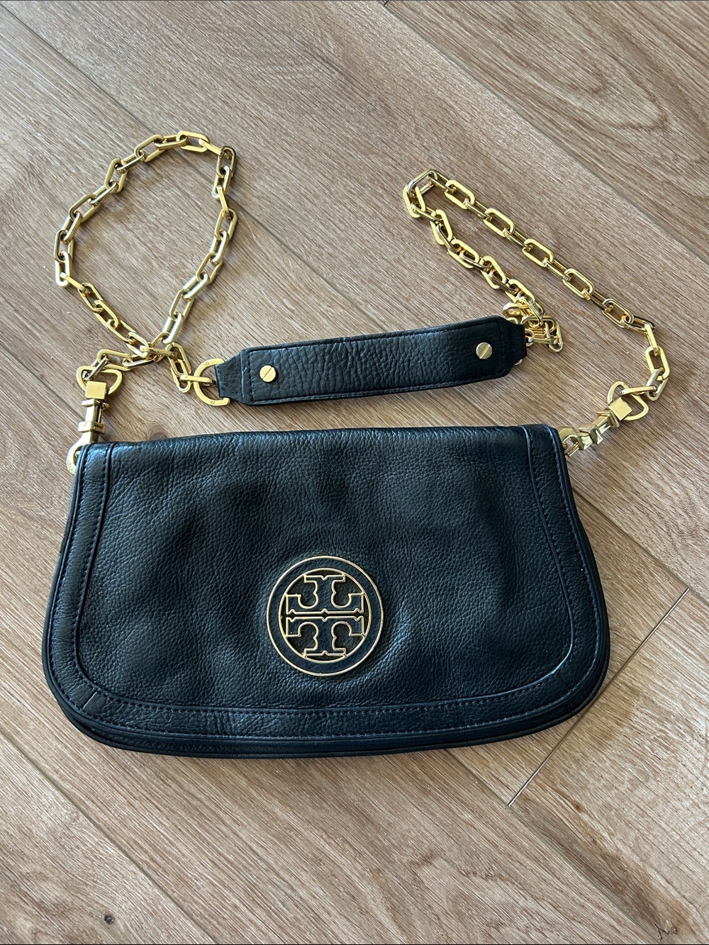 Tory Burch Black Leather Crossbody with Gold Chain